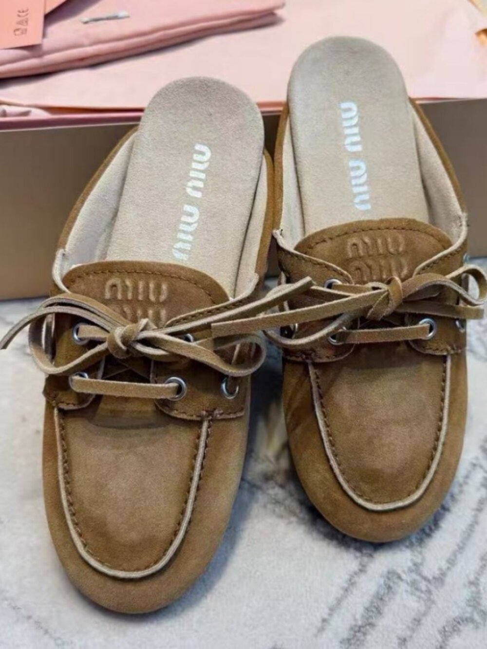 Miu Miu Brown Suede Lace‑Up Mule Slide